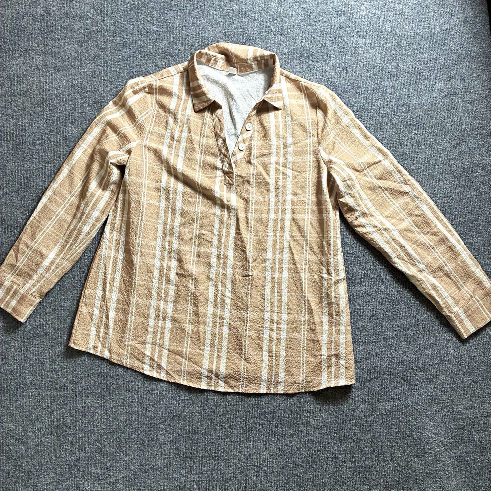 Womens Beige/White Striped Collared Long Sleeve Button Blouse Woven L